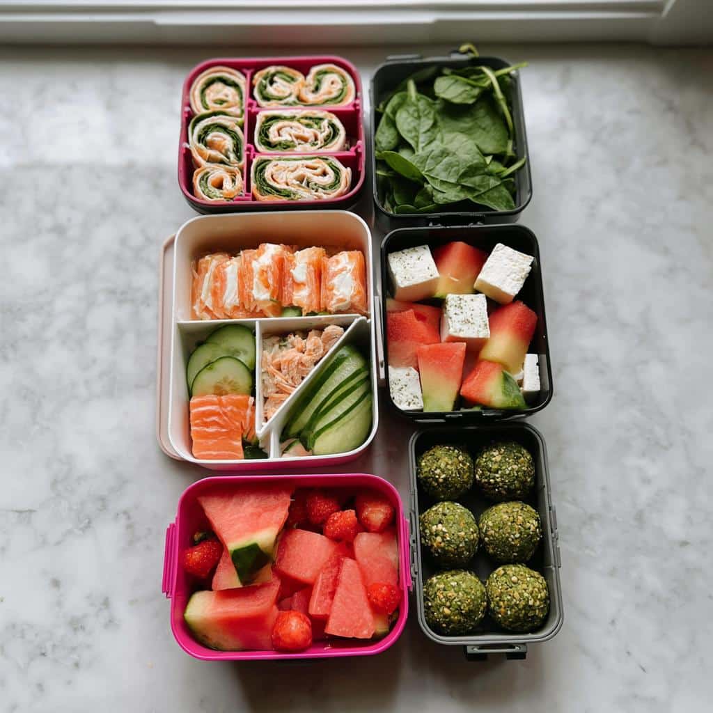 Overhead view of a fully packed Funny Food Bento Box featuring salmon wraps, fresh fruit, cheese, and green energy balls.