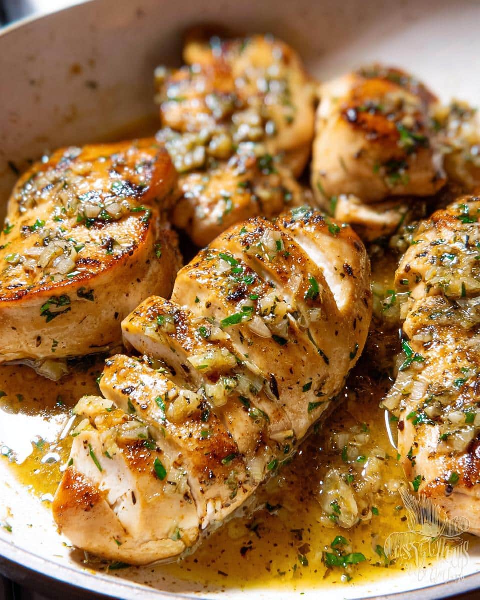 Close-up of golden-brown chicken breasts sliced open, swimming in a rich garlic butter sauce in a skillet.