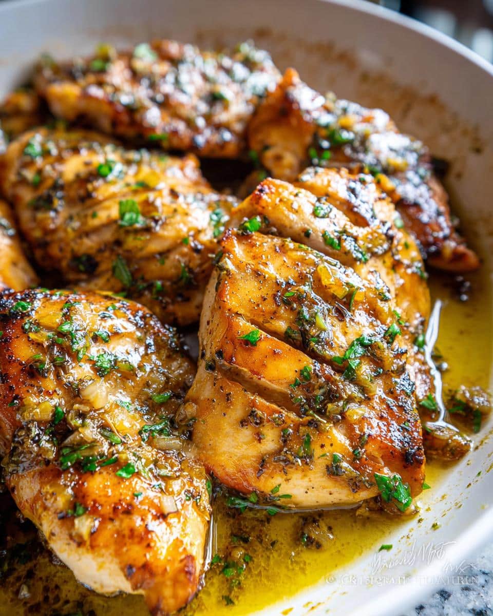 Close-up of golden brown chicken breasts smothered in garlic butter sauce in a white skillet.