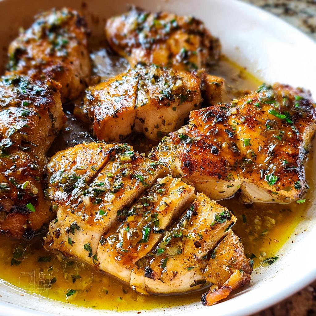 Close-up of seared chicken pieces drenched in rich garlic butter sauce, part of the Garlic Butter Chicken Skillet.