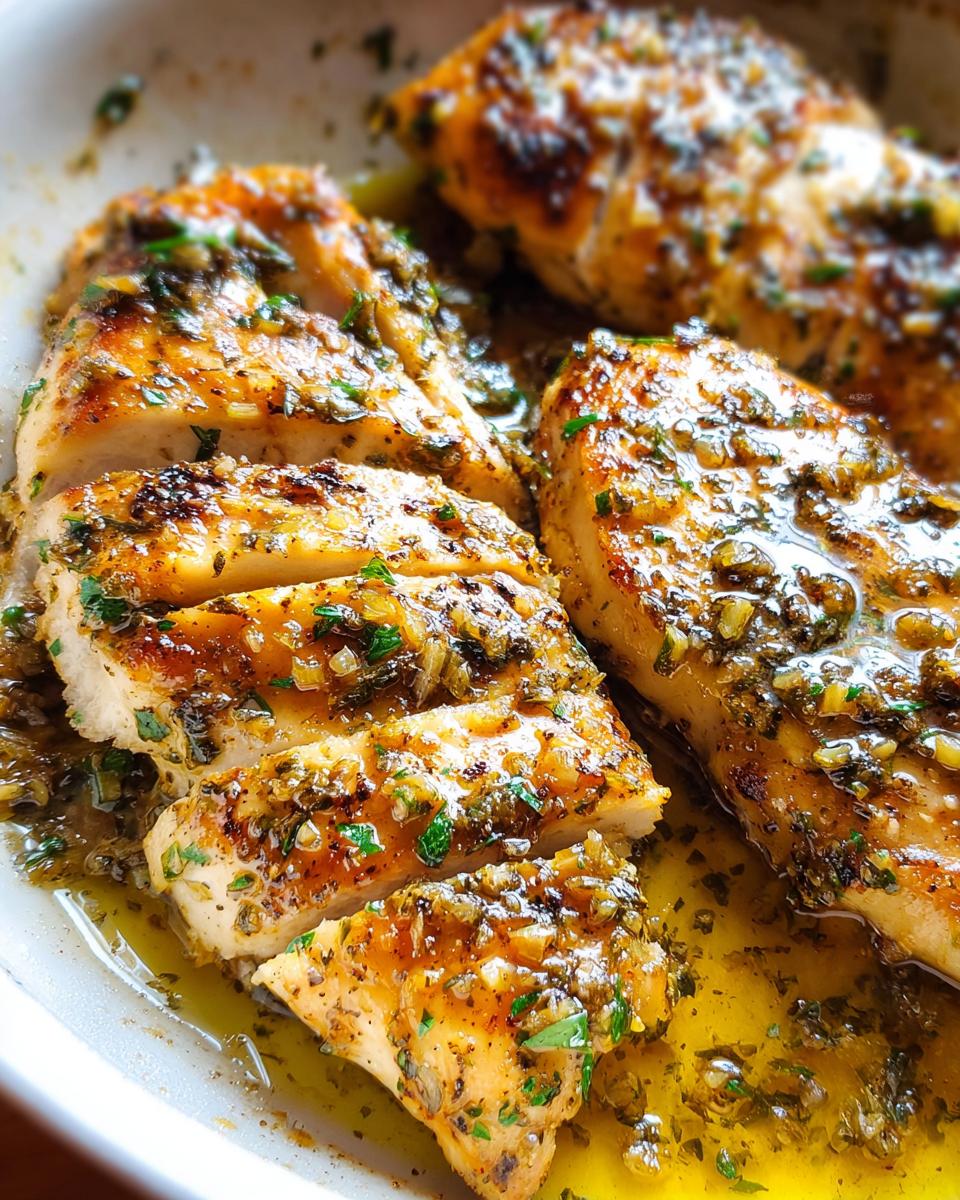 Close-up of sliced, juicy Garlic Butter Chicken Skillet breasts covered in rich garlic butter sauce with herbs.