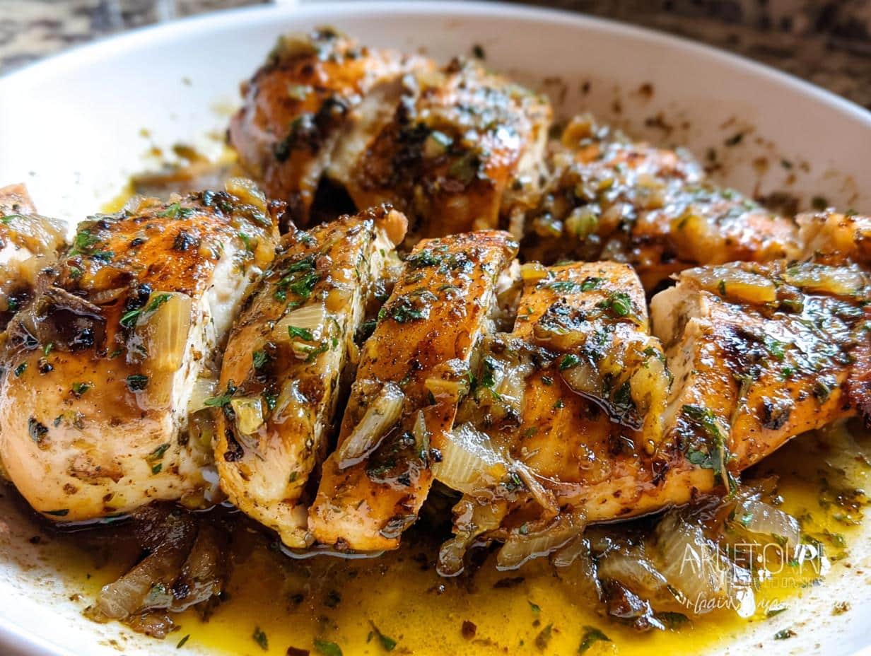 Close-up of sliced Garlic Butter Chicken Skillet pieces smothered in a rich, buttery garlic and herb sauce with visible onions.