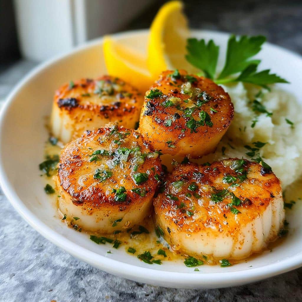 Four perfectly seared Garlic Butter Scallops glistening with butter sauce and fresh parsley in a white bowl.