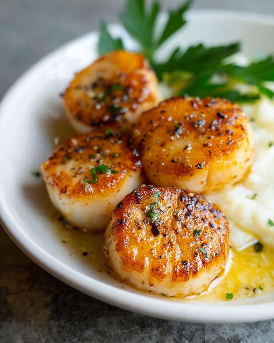 Four perfectly seared Garlic Butter Scallops glistening in butter sauce, served with mashed potatoes and parsley garnish.