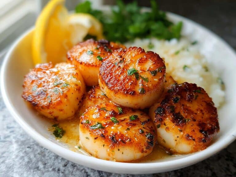 Close-up of perfectly seared Garlic Butter Scallops glistening in sauce, served with rice and lemon.