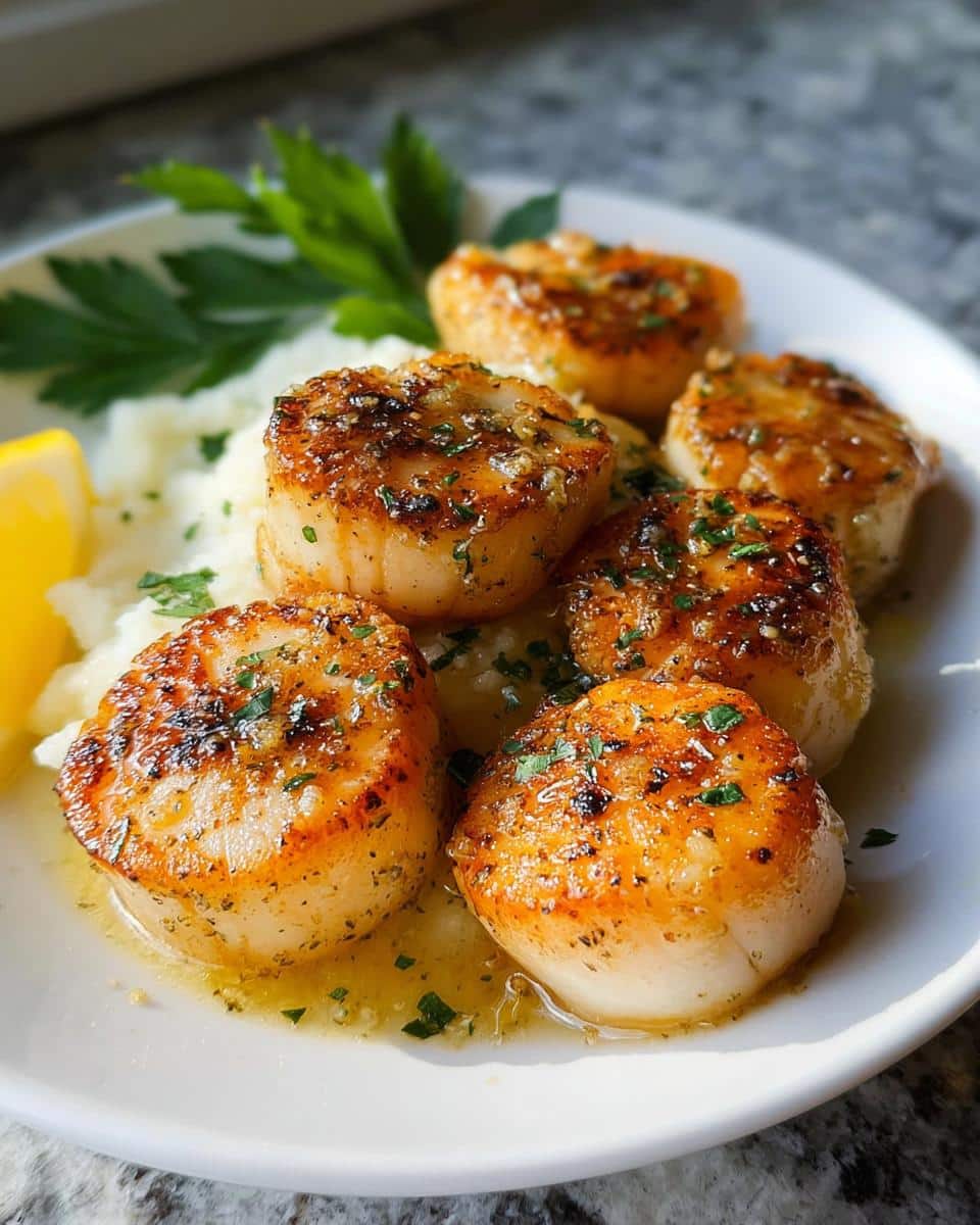 Five golden-brown Garlic Butter Scallops served over mashed potatoes, drizzled with garlic butter and garnished with parsley.