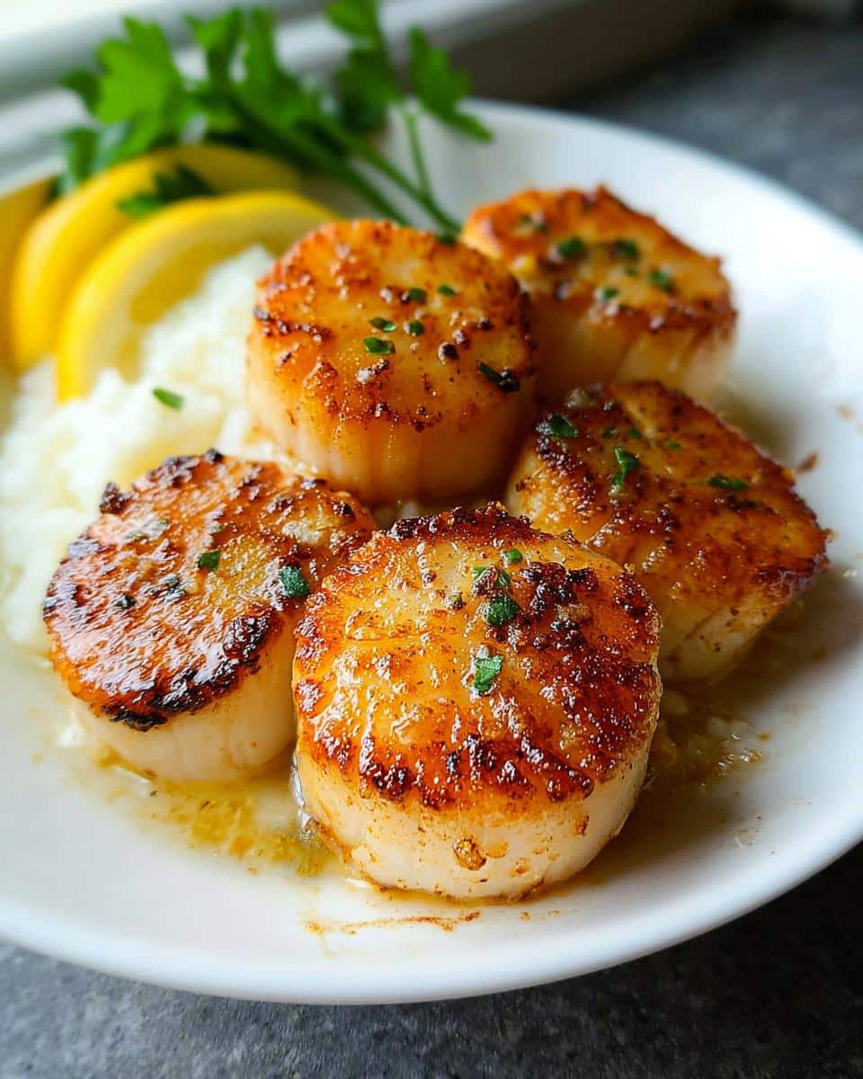 Close-up of five perfectly seared Garlic Butter Scallops served over white rice with lemon wedges.