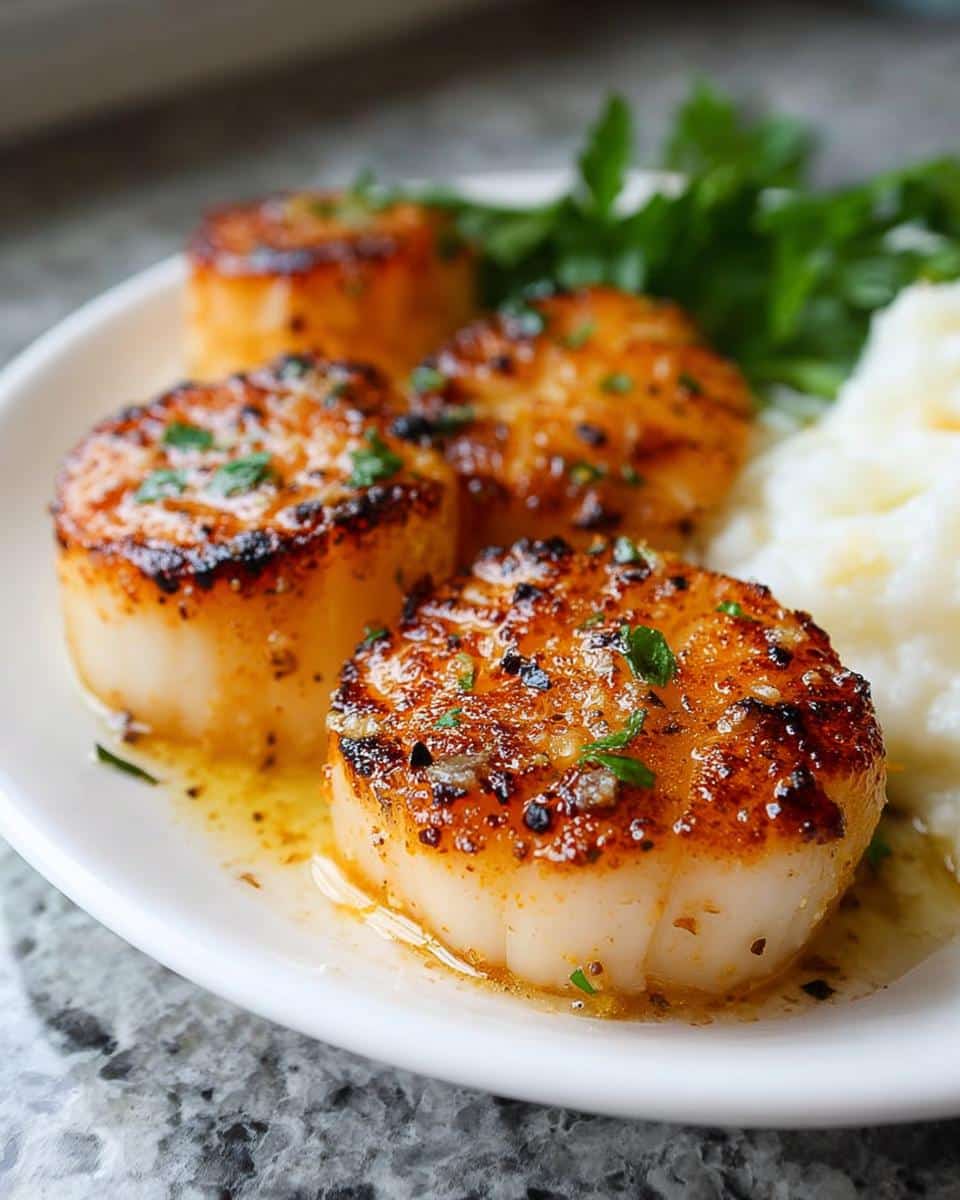 Close-up of four perfectly seared Garlic Butter Scallops glistening in sauce, served with mashed potatoes and parsley.