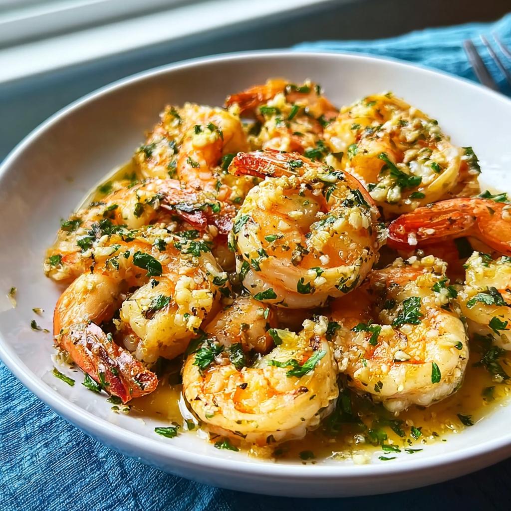 A close-up of succulent shrimp coated in rich garlic butter sauce and fresh parsley, showcasing the divine Garlic Butter Shrimp.