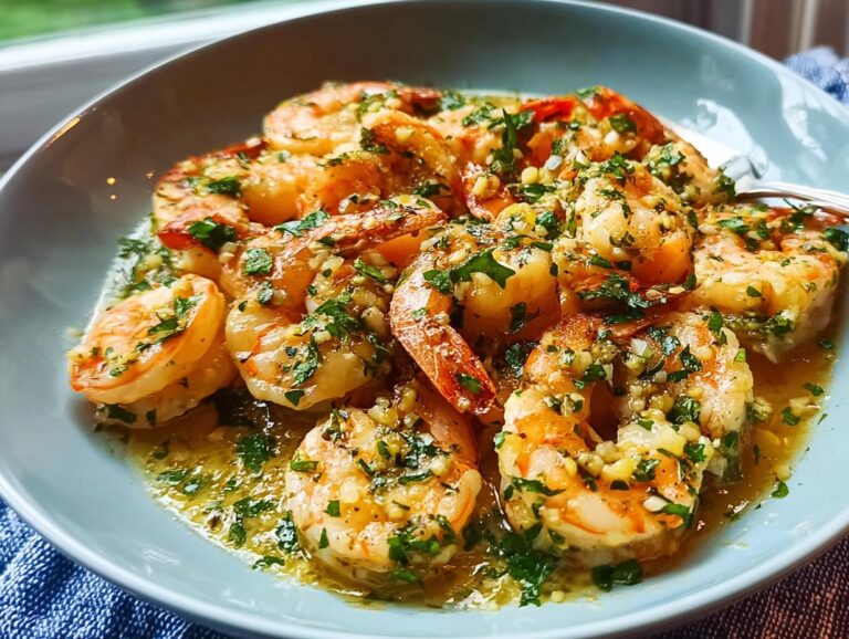 A close-up of plump shrimp coated in a rich sauce made with garlic butter and fresh parsley, known as Garlic Butter Shrimp.