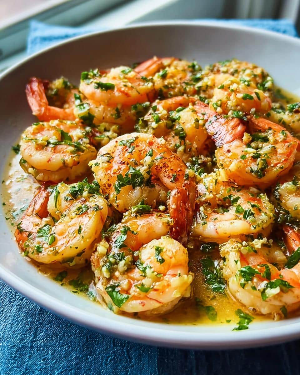 Close-up of cooked shrimp generously coated in a rich Garlic Butter Shrimp sauce with minced garlic and fresh parsley.