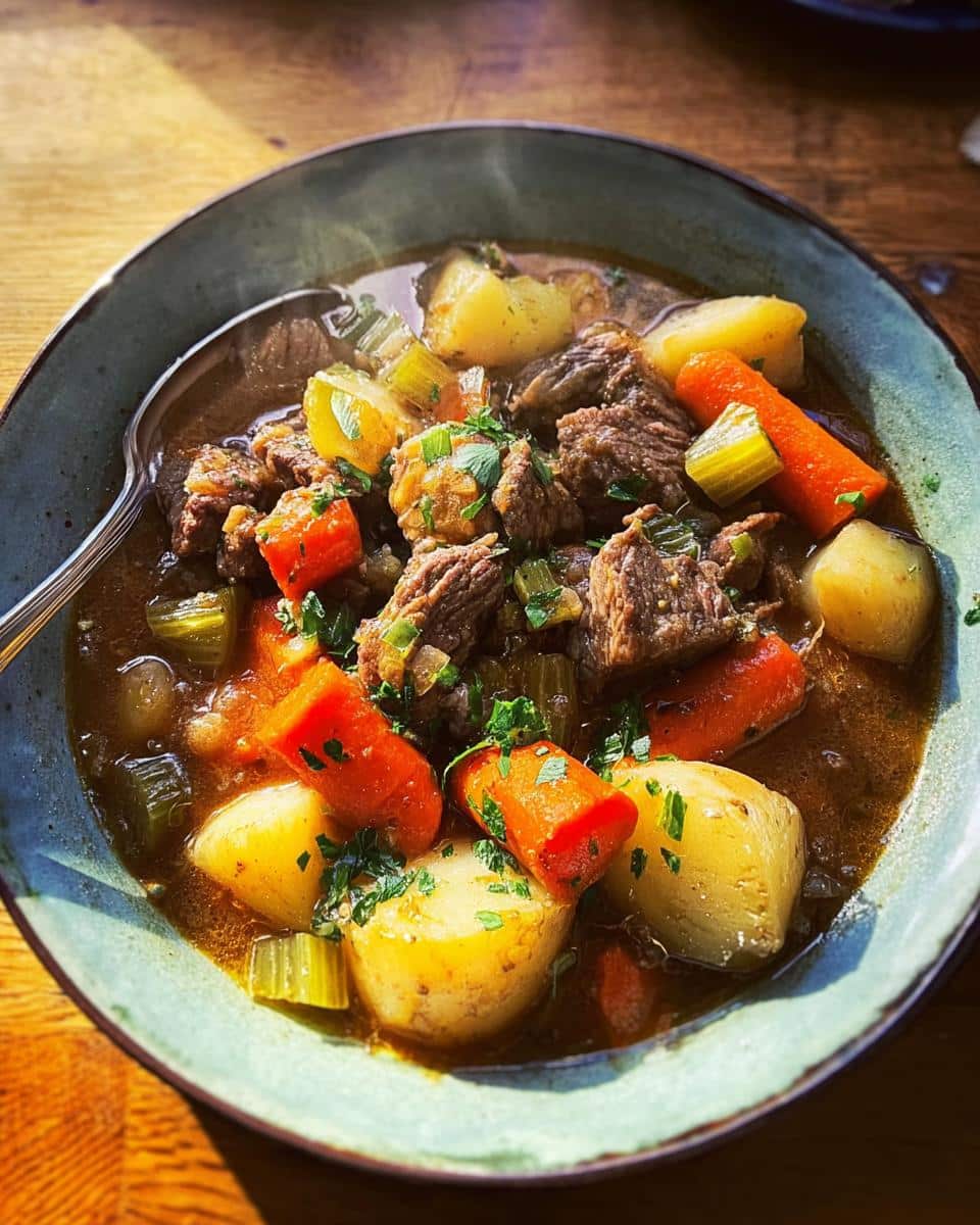 A steaming bowl of Garlic Herb Beef Stew featuring tender beef chunks, potatoes, carrots, and celery.