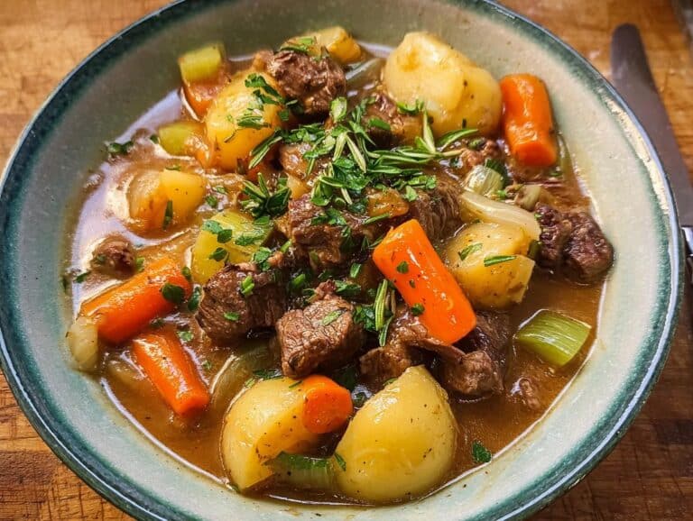 Close-up of a bowl filled with rich Garlic Herb Beef Stew featuring chunks of beef, potatoes, carrots, and celery.