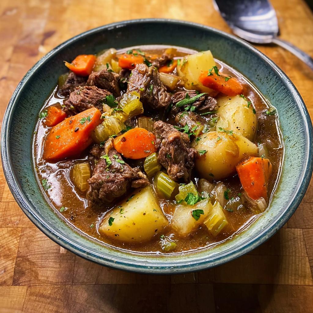 Close-up of a rustic bowl filled with rich Garlic Herb Beef Stew featuring tender beef chunks, potatoes, carrots, and celery.