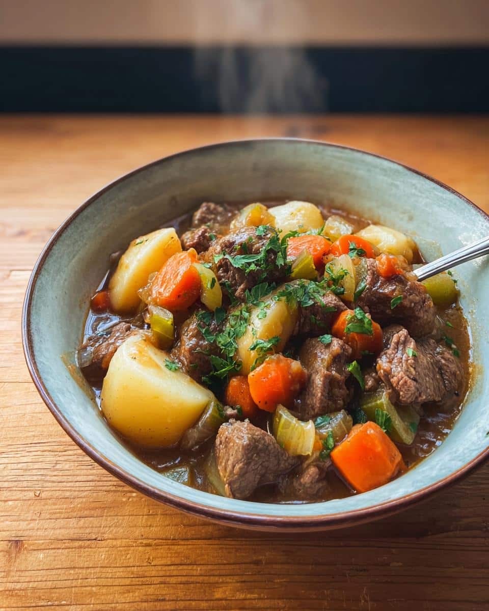 A close-up of a steaming bowl of Garlic Herb Beef Stew containing tender beef chunks, potatoes, carrots, and celery, garnished with parsley.