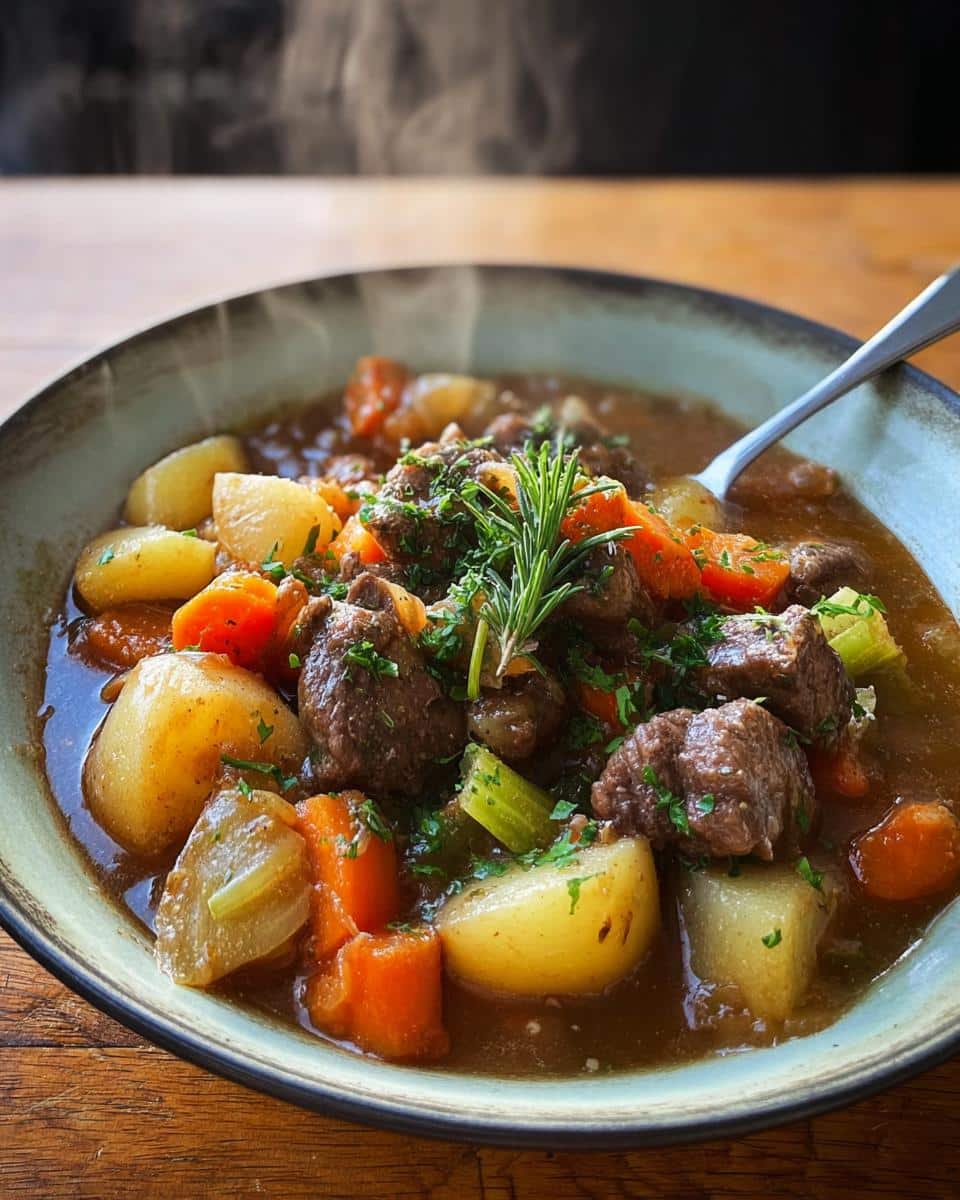 A close-up of a steaming bowl of Garlic Herb Beef Stew, rich with chunks of beef, potatoes, carrots, and garnished with rosemary.