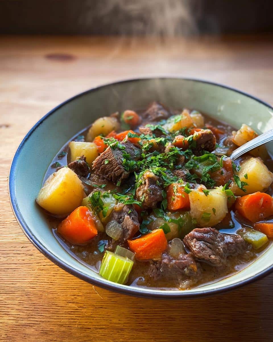 A close-up of a steaming bowl of hearty Garlic Herb Beef Stew, featuring chunks of beef, potatoes, carrots, and celery, topped with fresh parsley.