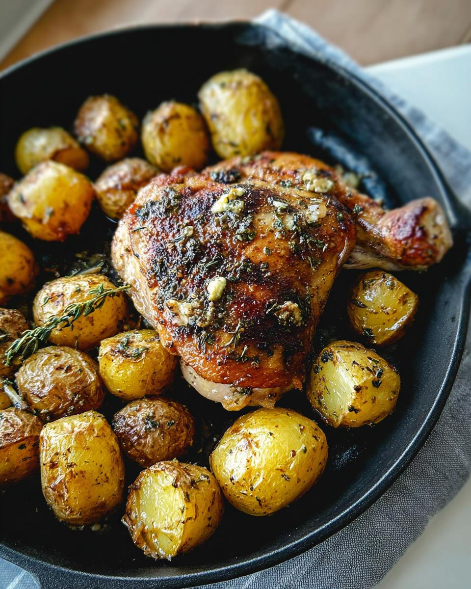 A close-up of perfectly roasted Garlic Herb Chicken with Potatoes in a black cast iron skillet.
