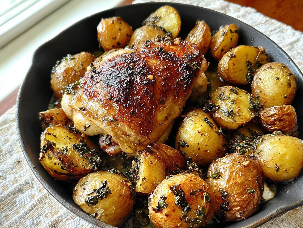 Close-up of crispy skin Garlic Herb Chicken with Potatoes roasted together in a dark skillet.