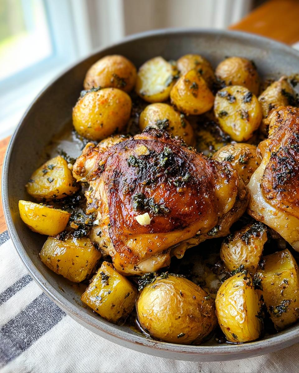 Close-up of crispy Garlic Herb Chicken with Potatoes roasted together in a pan.
