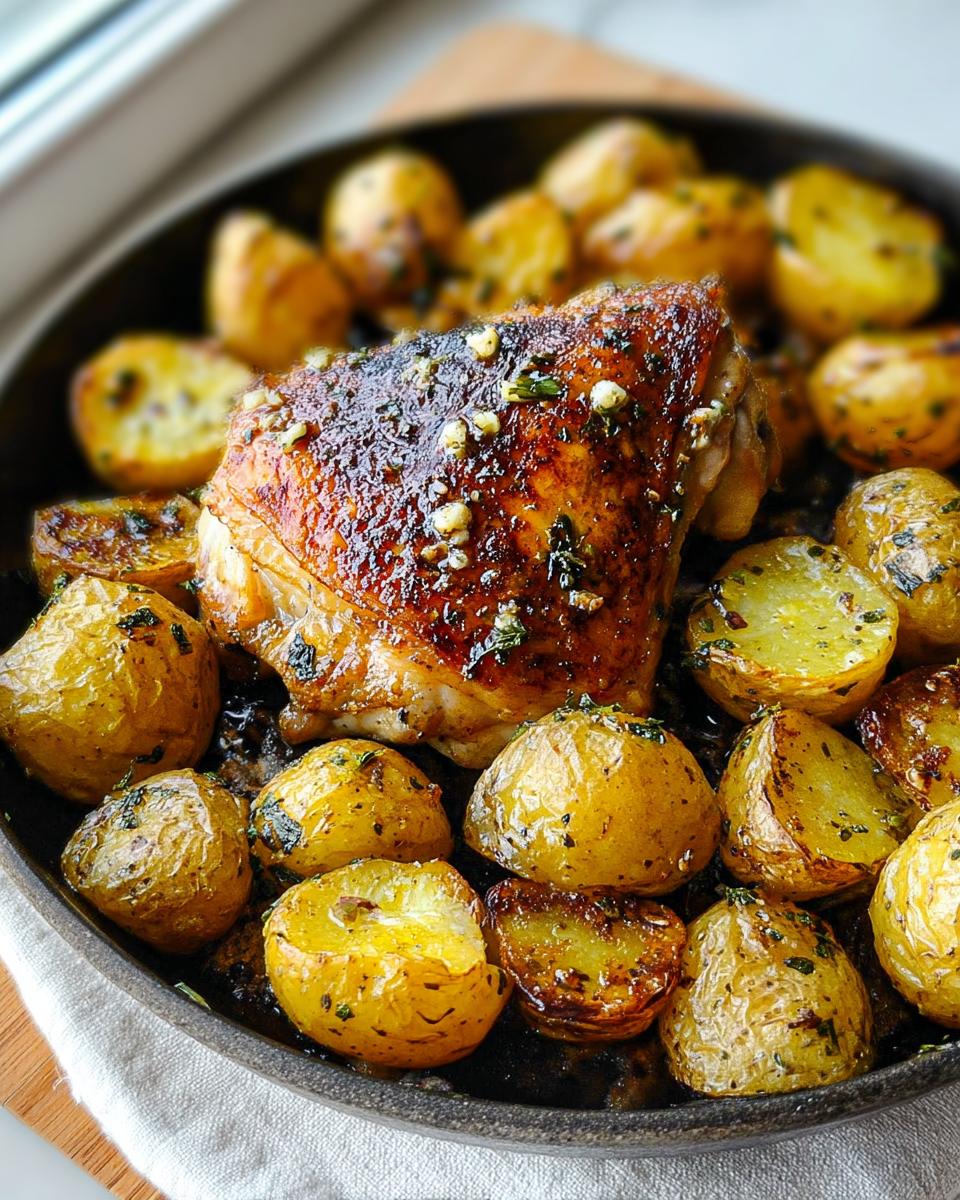 Crispy roasted chicken thigh surrounded by golden roasted potatoes seasoned with garlic and herbs.