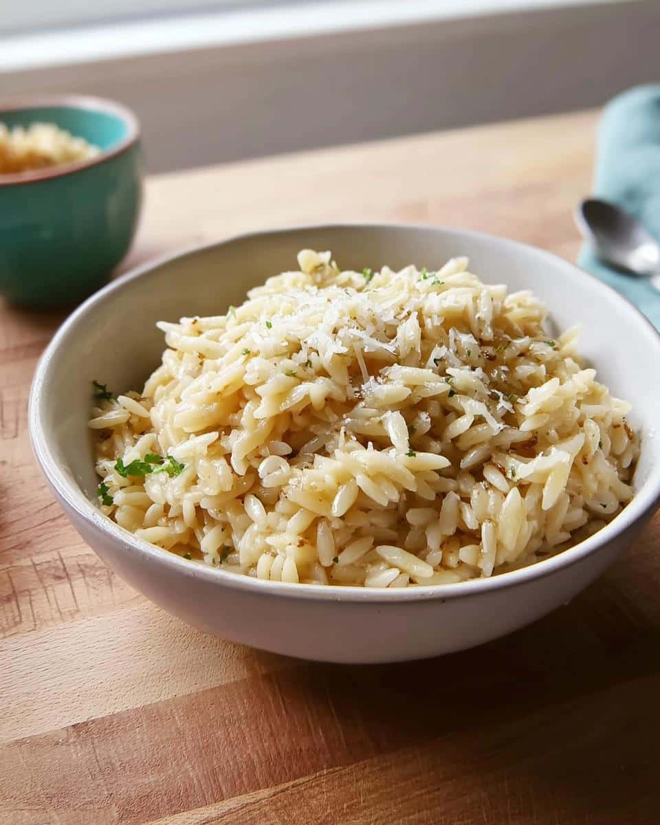 A white bowl filled with creamy Garlic Parmesan Orzo, topped generously with grated Parmesan cheese and herbs.