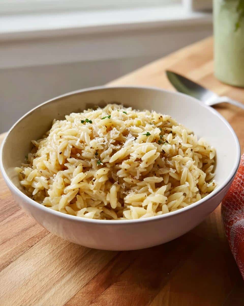 A white bowl filled with creamy Garlic Parmesan Orzo pasta, topped with grated cheese and herbs.