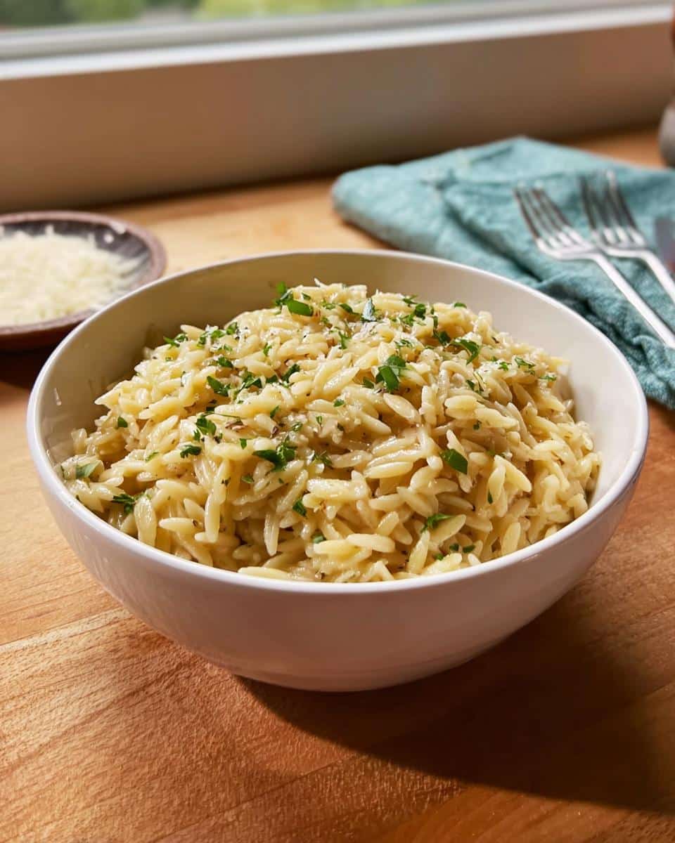 A white bowl filled with creamy Garlic Parmesan Orzo pasta, topped with fresh chopped parsley.