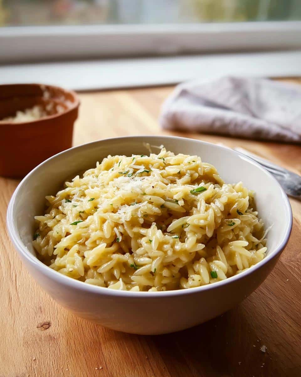 A white bowl filled with creamy Garlic Parmesan Orzo pasta, topped with grated cheese and parsley.