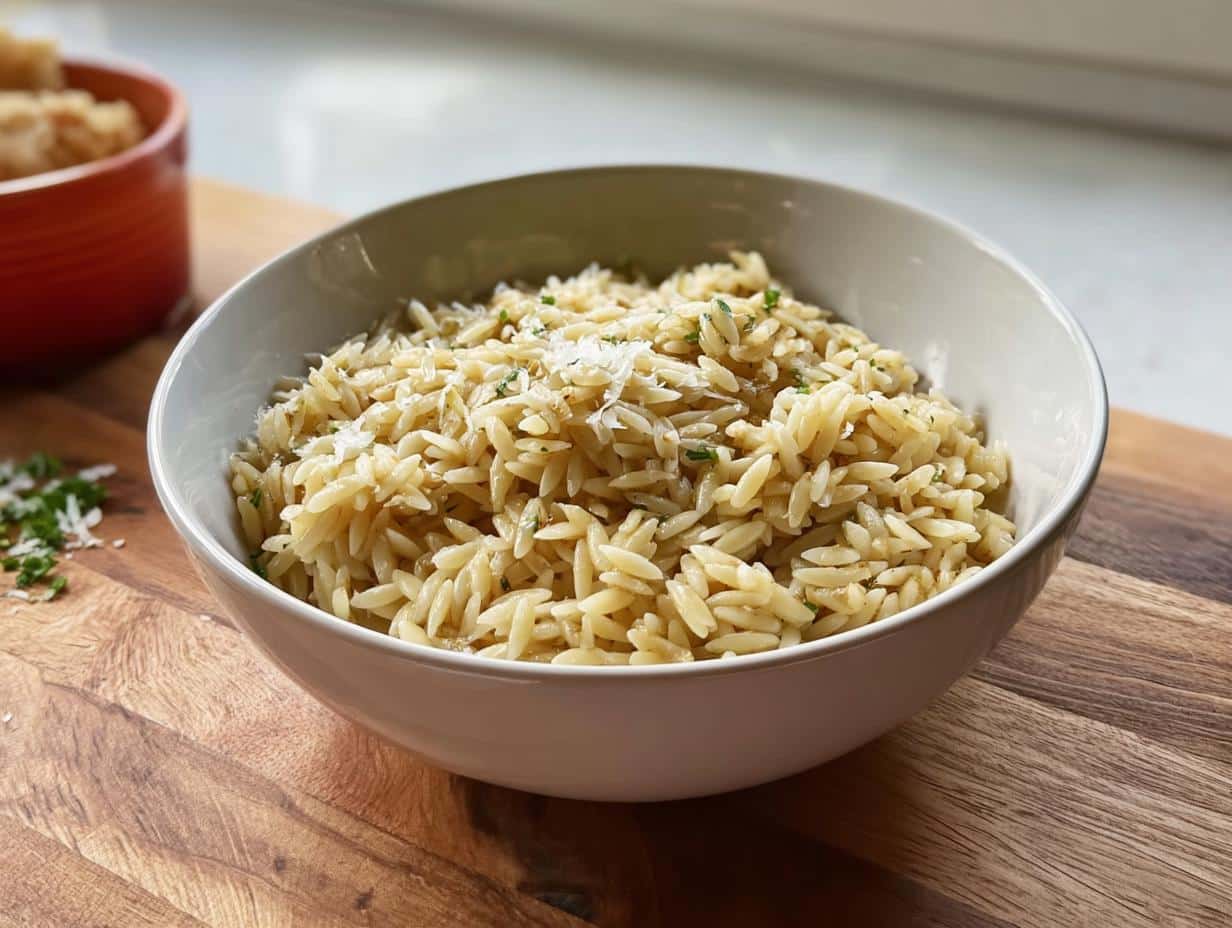 A white bowl filled with creamy Garlic Parmesan Orzo, topped with grated cheese and herbs.