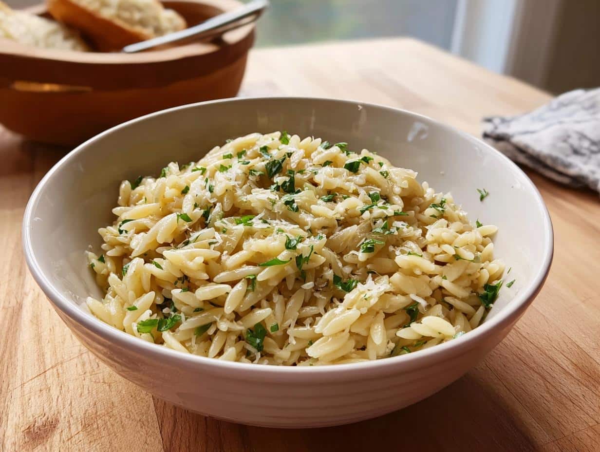 A white bowl filled with creamy Garlic Parmesan Orzo, topped with grated cheese and fresh chopped parsley.