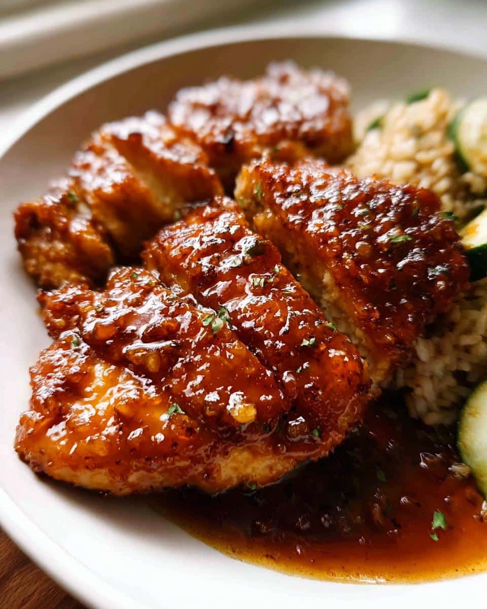 Close-up of sliced Honey Garlic Chicken coated in a thick, glossy, amber glaze, served with brown rice and zucchini.