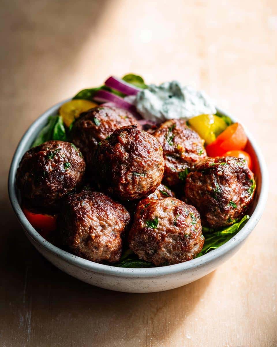A bowl filled with perfectly browned Gluten Free Air Fryer Meatballs served over greens with tzatziki sauce and sliced vegetables.