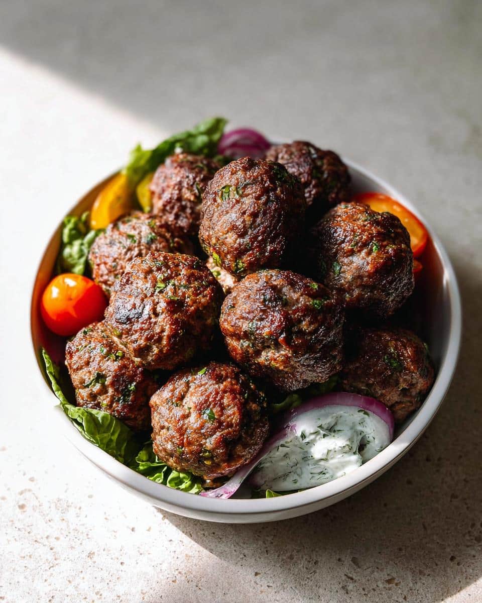A bowl filled with perfectly browned Gluten Free Air Fryer Meatballs served over lettuce with cherry tomatoes and a dollop of white sauce.