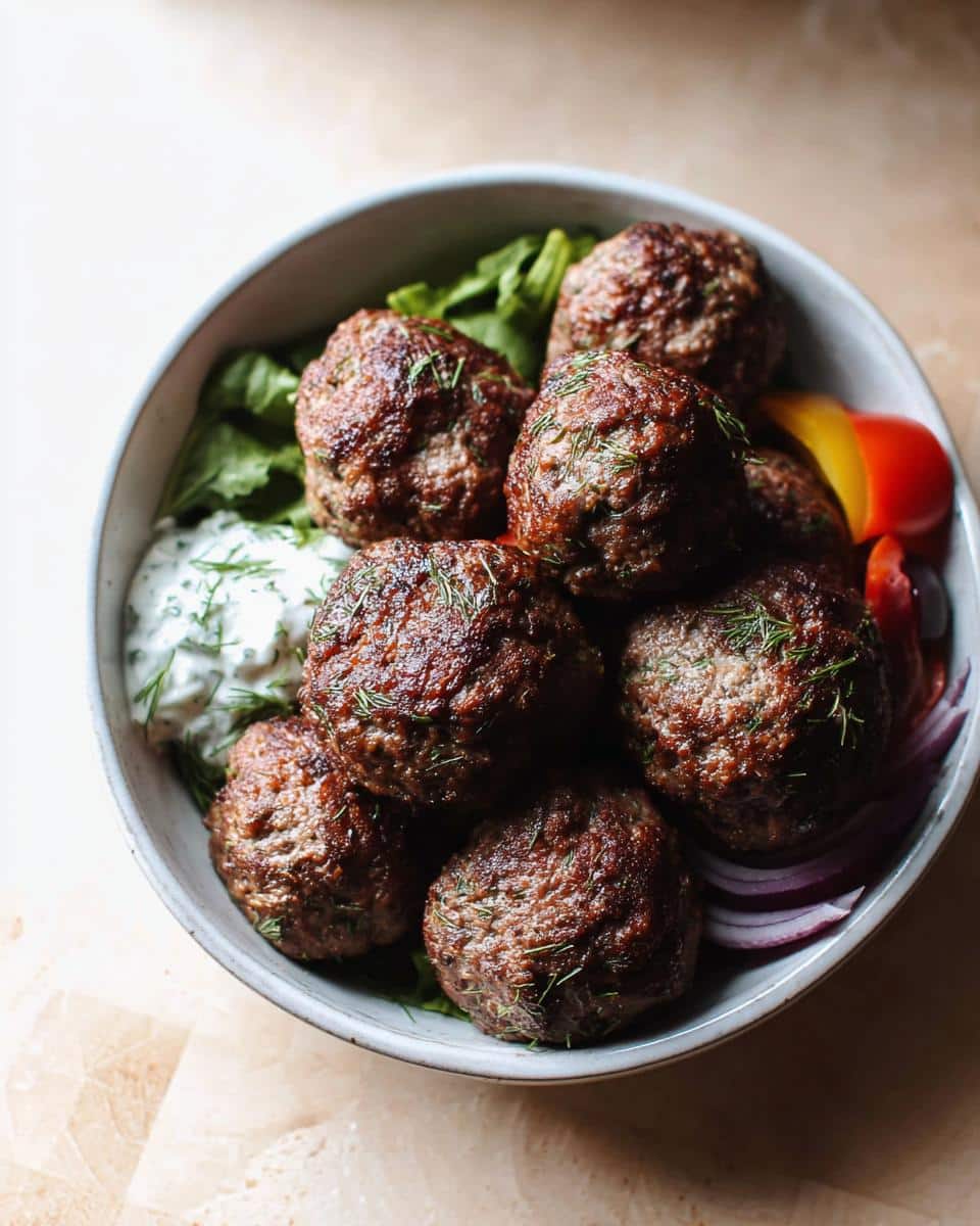 A bowl filled with juicy Gluten Free Air Fryer Meatballs, fresh dill, lettuce, and tzatziki sauce.