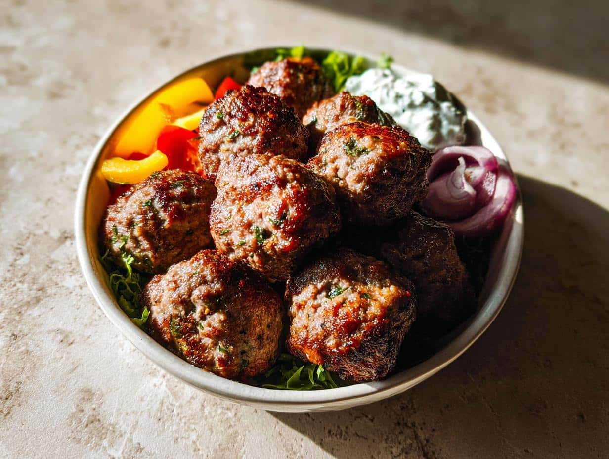 A bowl filled with perfectly browned Gluten Free Air Fryer Meatballs served over lettuce with peppers, onion, and tzatziki.