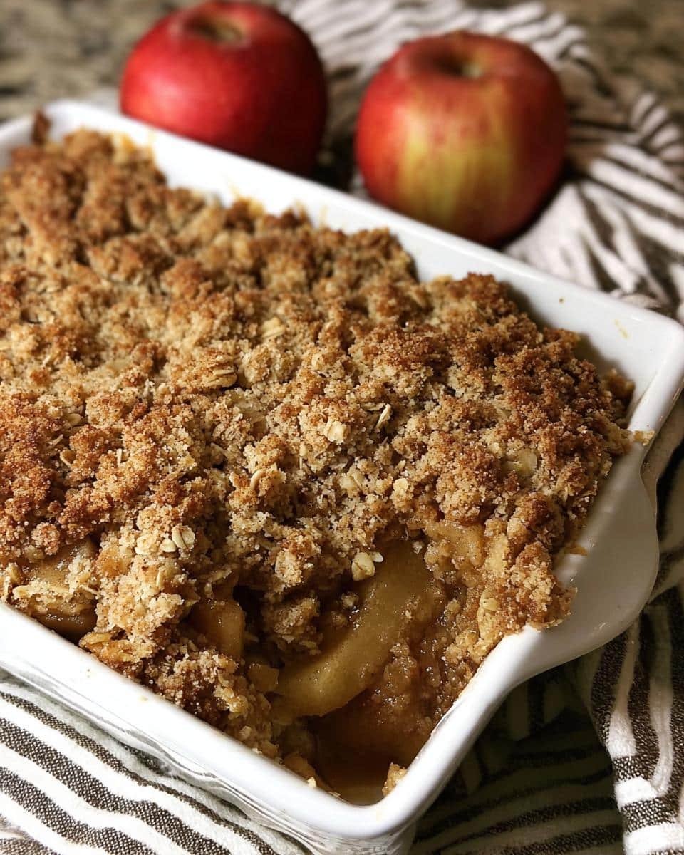 Close-up of a baked Gluten Free Apple Crisp with a thick, golden oat topping in a white baking dish.
