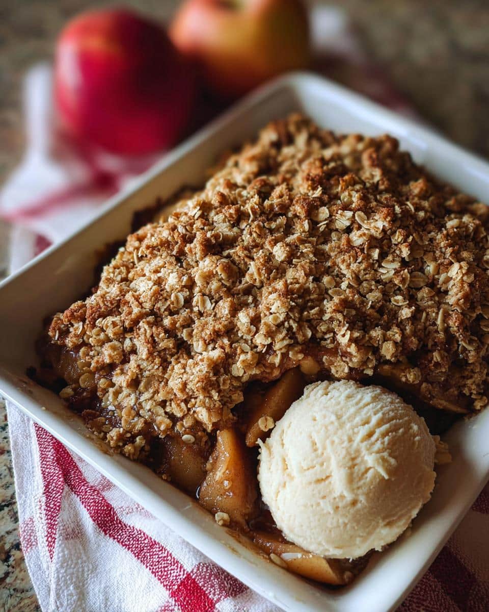 A square white dish containing warm Gluten Free Apple Crisp topped with a scoop of vanilla ice cream.