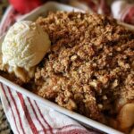 A close-up of warm Gluten Free Apple Crisp topped with a scoop of melting vanilla ice cream in a white baking dish.