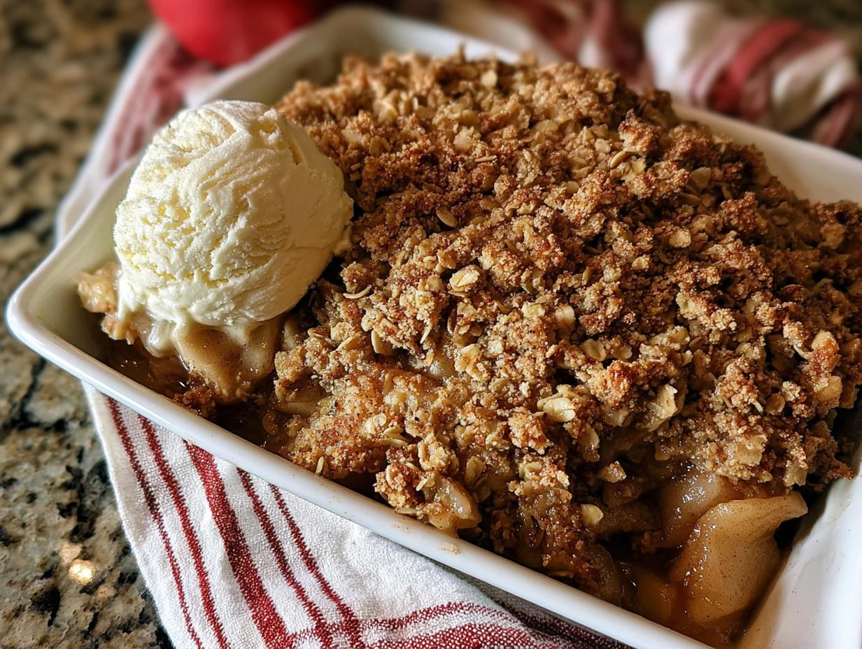 A close-up of warm Gluten Free Apple Crisp topped with a scoop of melting vanilla ice cream in a white baking dish.