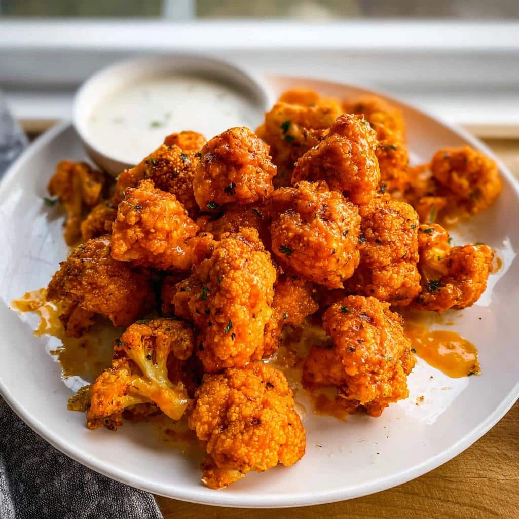 A white plate piled high with crispy, orange-glazed Gluten Free Buffalo Cauliflower bites, served with a side of dipping sauce.