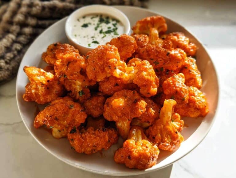 A plate piled high with crispy, bright orange Gluten Free Buffalo Cauliflower florets served with a side of ranch dip.