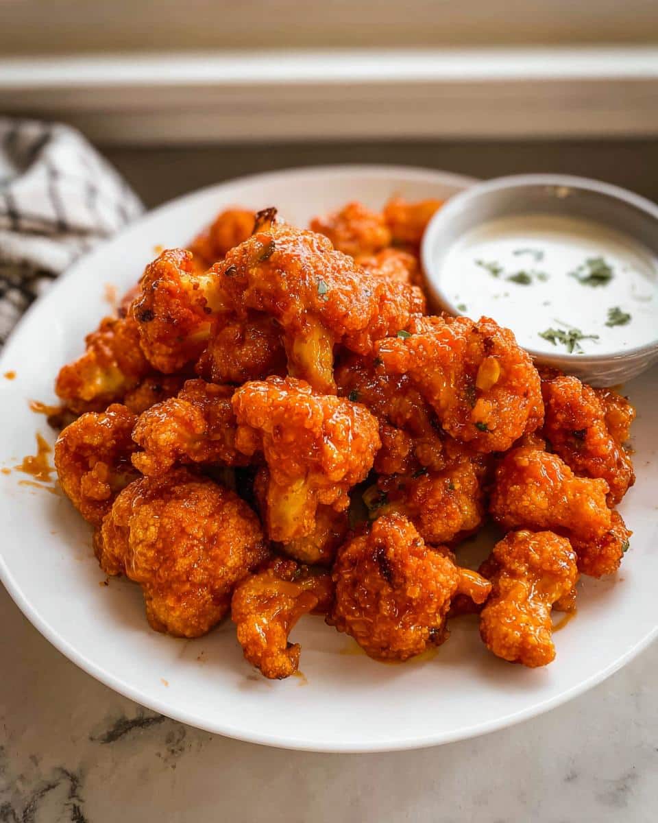 A white plate piled high with bright orange, saucy Gluten Free Buffalo Cauliflower pieces served with a side of ranch dip.