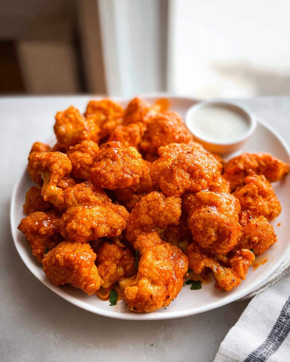 A white plate piled high with crispy, bright orange Gluten Free Buffalo Cauliflower bites served with a side of ranch dip.