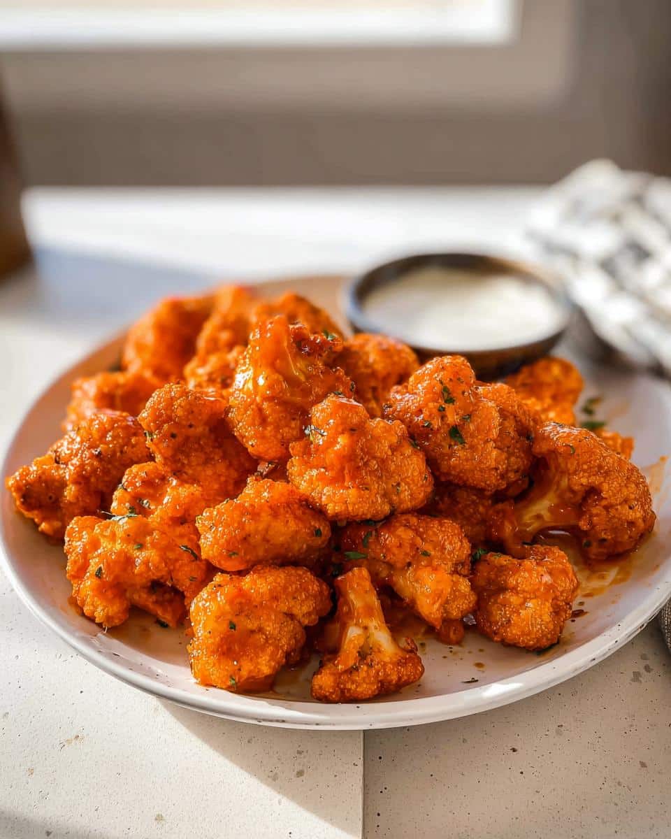 A plate piled high with bright orange, saucy Gluten Free Buffalo Cauliflower bites, served with a side of ranch dip.