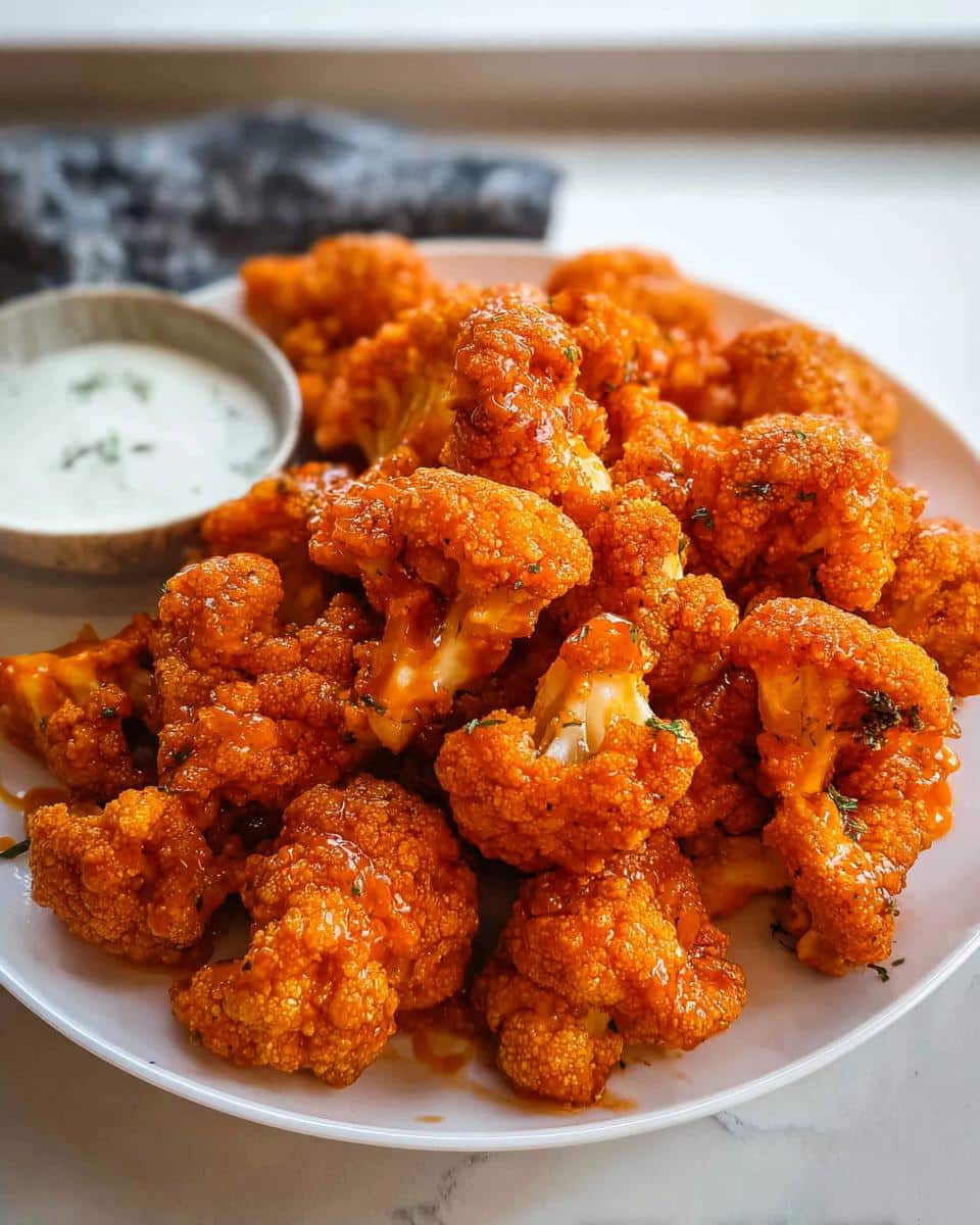 A close-up of crispy, bright orange Gluten Free Buffalo Cauliflower florets piled on a white plate with a side of ranch dip.