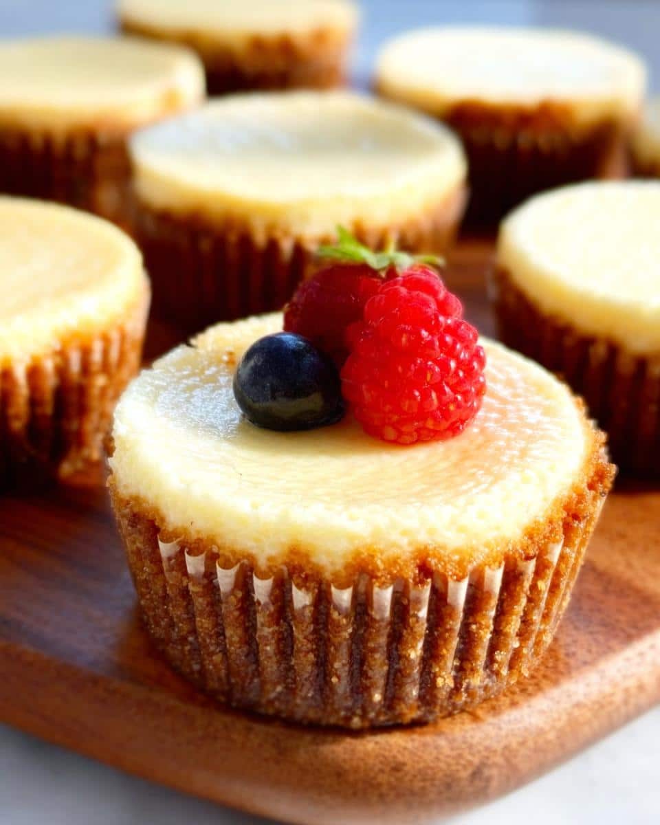 Close-up of one Gluten Free Cheesecake Cup topped with a raspberry and a blueberry on a wooden board.