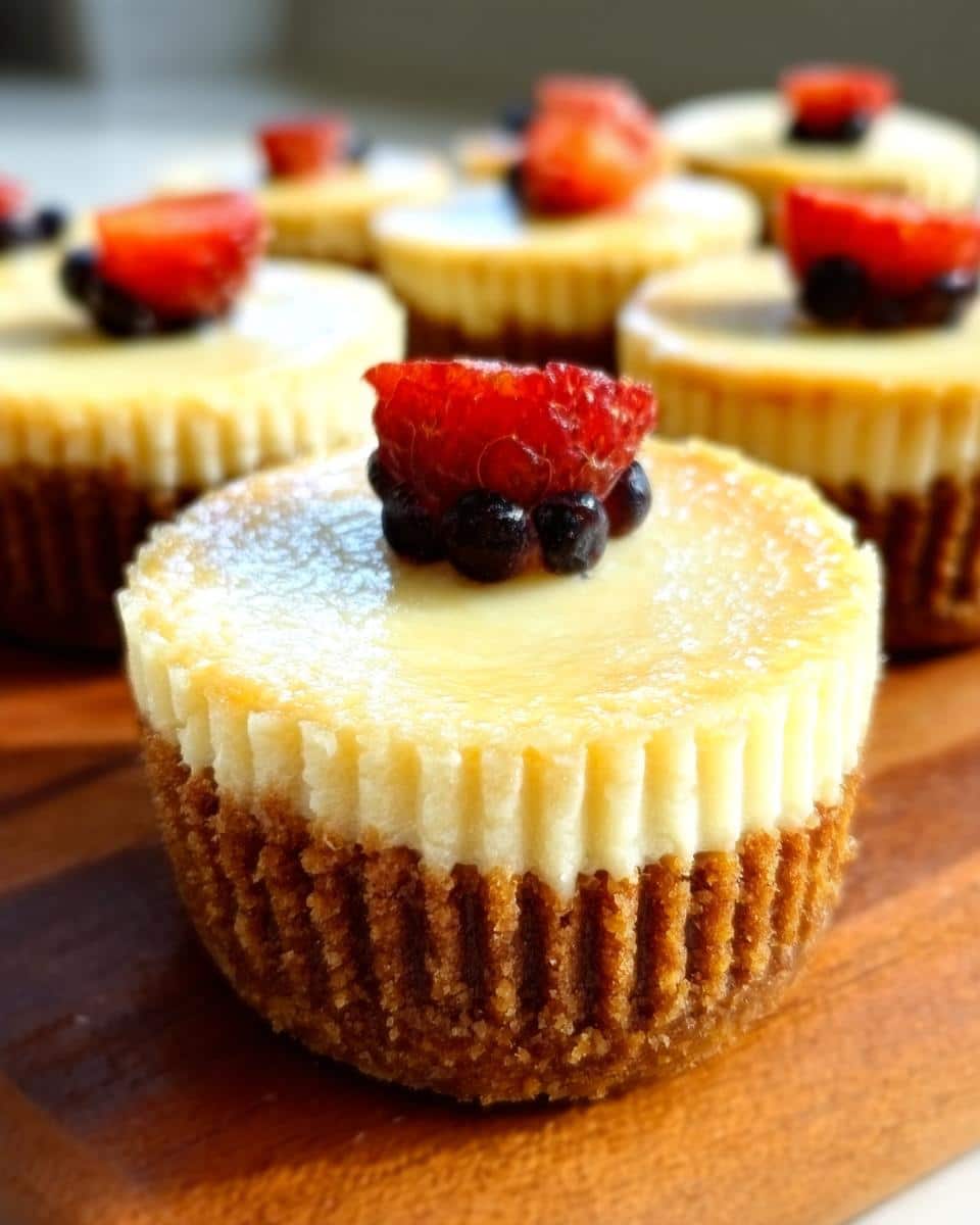 Close-up of one Gluten Free Cheesecake Cup topped with a strawberry slice and blueberries on a wooden board.