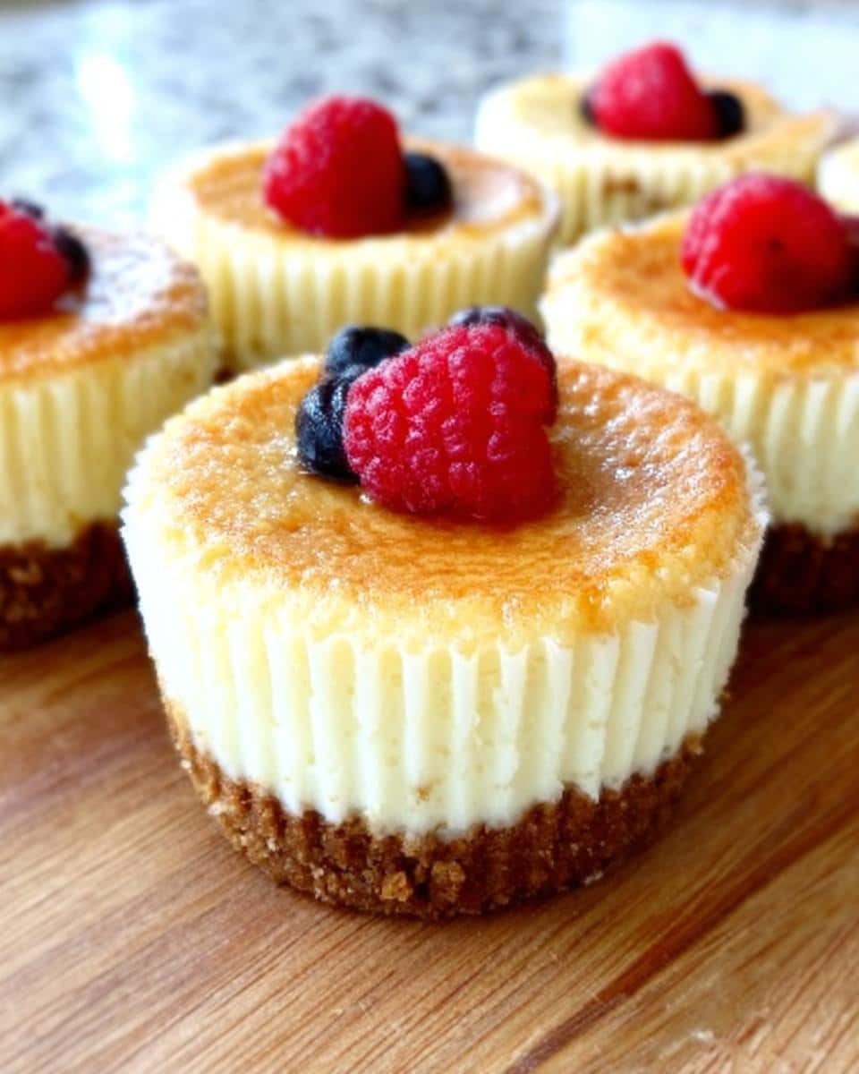 A close-up of several individual Gluten Free Cheesecake Cups topped with fresh raspberries and blueberries on a wooden board.