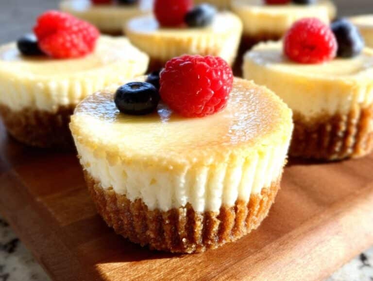 A close-up of several Gluten Free Cheesecake Cups topped with a raspberry and a blueberry, sitting on a wooden board.